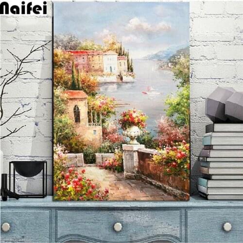 Full 5D Diamond Painting Abstract Mediterranean Sea Garden Landscape 3D Diamond Painting Rhinestones Diamond Painting Embroidery