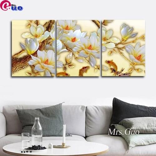 DIY Diamond Painting Flowers White Magnolia Triptych 5d Handicraft Full Square Diamond Embroidery Cross Stitch Mountain Wall Art