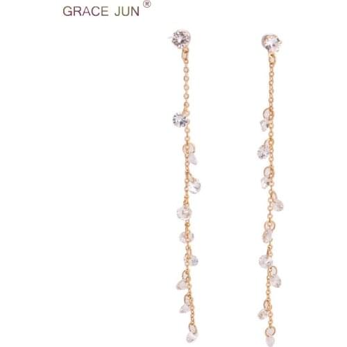 GRACE JUN Handmade Long Tassel AAA CZ Clip on Earrings Non Piercing for Women Luxury Fashion Party Pierced Earrings No Allergy