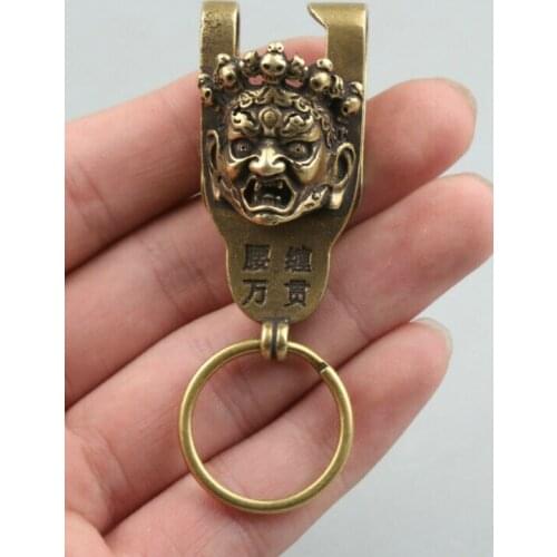 2" Nepal Buddhism Bronze Mahakala Wrathful Deity Buddha Head Leather Belt Buckle