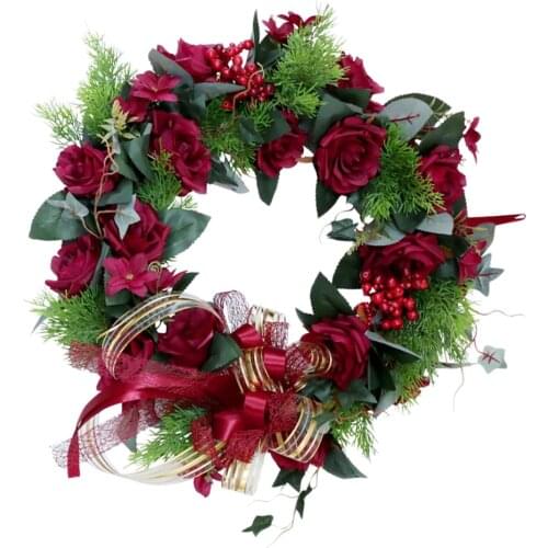 Wild Rose Floral Door Wreath with Green Leaves, 16.5'' Diameter - Home Décor for Any Room