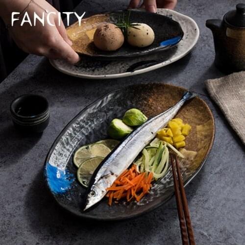 FANCITY Plate Household Ceramic Oval Plate Tableware Japanese Fish Plate Creative Commercial Dish Plate Personalized Restaurant