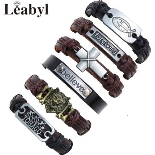 Leabyl Classic Vintage Brown Cowhide Leather Punk Bracelet for Men Retro Cow Leather Wrap Bracelet Set Casual Jewelry Gift