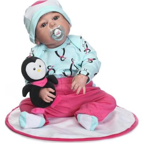 23" bebe girl doll reborn full body silicone vinyl reborn babies penguin plush dolls children gift toys realista bonecas reborn
