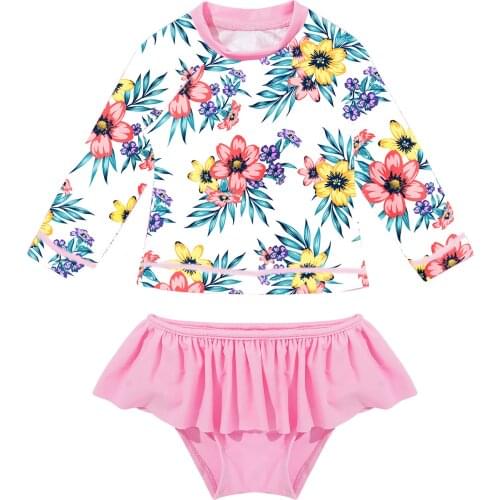 Baby Girls Toddler Swimwear Sets Bathing Suit Skirt Bottom Scoop Neck Shirt with Colorful Flower Printed Beachwear Swimwear Sets