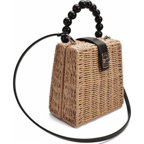 Fashion Rattan Box Women Shoulder Bags Beading Handle Wicker Woven Lady Handbags Summer Beach Straw Bag Female Crossbody Purses