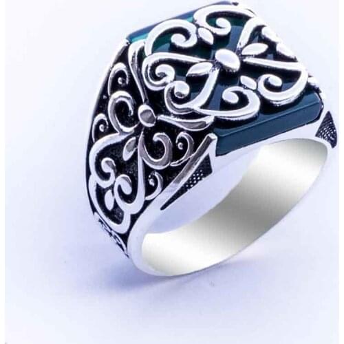 925 sterling Silver Green Agate Stone Pattern Men 'S Ring