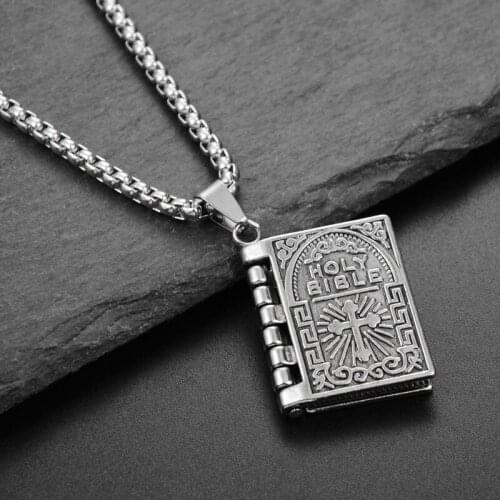 Mens Christian Scripture Necklace Page Turning Heavenly Book Holy Bible Verse Pendant Devout Cross Anniversary Hip Hop Jewelry