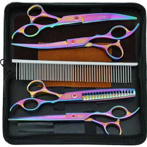 7.0" Japan 440c Pet Grooming Scissors Forceps Dog Cutting Scissor Barber Up Down Curved Shears 18 Teeth Thinning Clipper B0018A