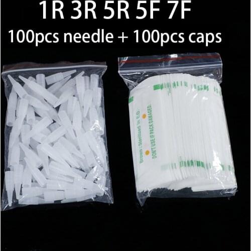 100PCS Disposable Sterilized Tattoo Needle and Needle Tip Professional 1R 3R 5R 5F 7F Needle + Cap For Permanent Makeup Eyebrow