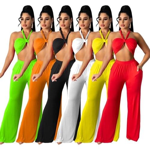 Sexy Two Piece Set Summer Halter top cross bandage beach suit Loose Pants two-piece suit Strapless Woman elegant outfits