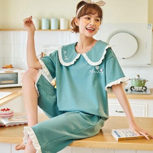 Pajamas Womens Summer Short-Sleeved Cropped Trousers Thin Cotton Breathable Student Cartoon Casual O Neck Home Cloth Suit