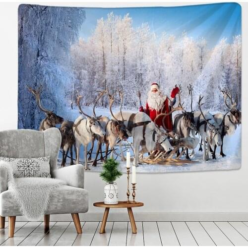 Xmas Art Wall Hanging Tapestry Santa Claus And Snow Christmas Deer Backdrop Home Room Decoration Gift
