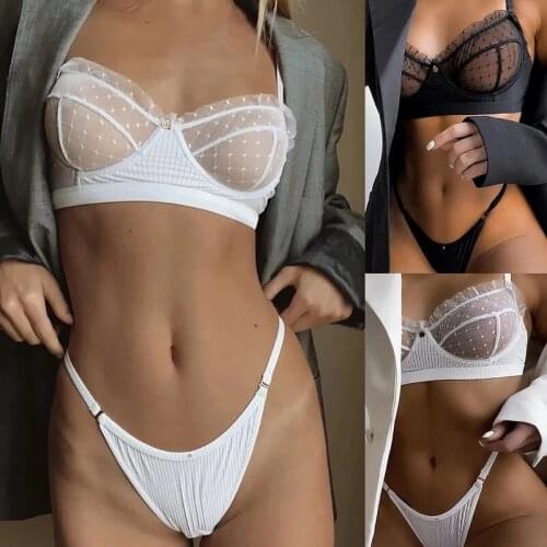 Sexy Lingerie Lace 3/4 Cup Bra Sets For Women Wireless Thin Breathable Comfortable Underwear Solid Color Lingerie Bralette Set