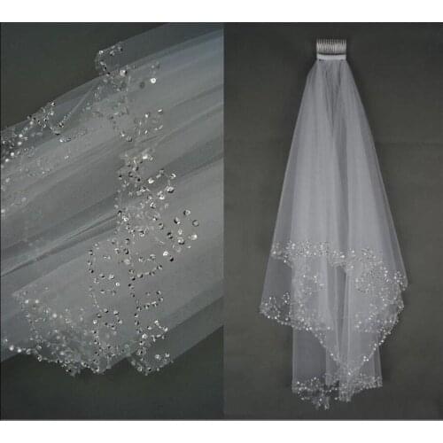 Wedding Veils Wedding Bridal Veil 2-Layer Handmade Beaded Crescent edge Bridal Accessories Veil White and Ivory