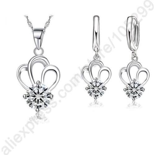 Bridal Wedding Party 925 Sterling Silver Crown Pendant Necklace Korea Stylish Lever Back Earring Jewelry Sets