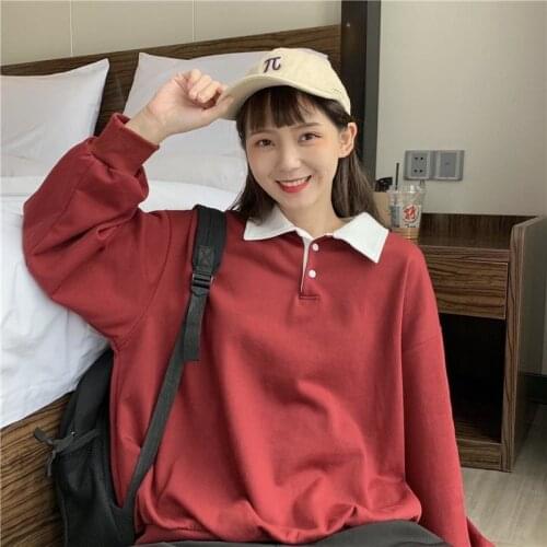 Female Hot Sale Sweatshirts Turn-down Collar Button Lantern Sleeve Loose Casual Streetwear Student Women Pullovers