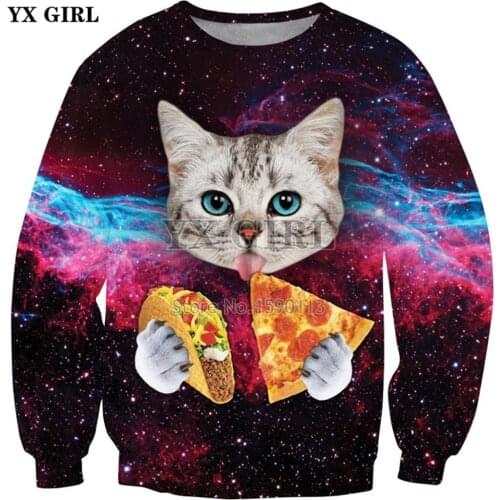 YX GIRL Galaxy Space Hoodies 2018 Fashion Men/Women Long Sleeve Outerwear Animal Cat eats pizza 3d Print Novelty Sweatshirts