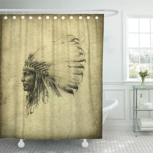 Shower Curtain Brown Ethnic American and Indian Chief Vintage Feather Head Drawing Waterproof Polyester Fabric 72 x 78 inches