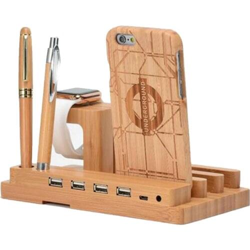 Multi USB Charging Station Dock Bamboo Wood 4 Ports USB Mobile Phone Charger Mount Stand Holder for Apple Watch iPhone 11 X iPad
