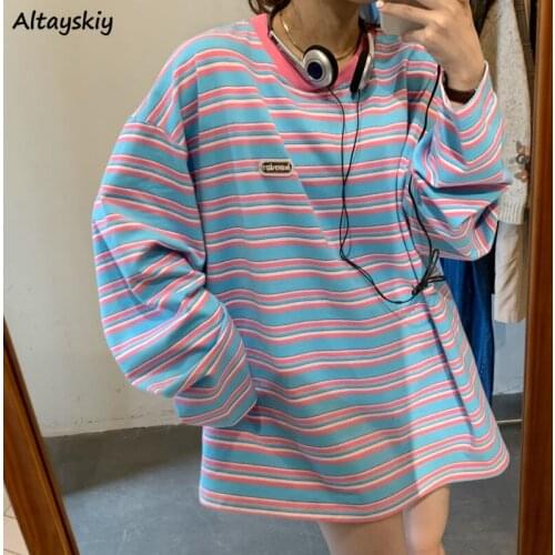 Long Sleeve T-shirts Women Streetwear Striped Colorful Loose Students BF Chic Tops Autumn Female Leisure Harajuku Y2k Fashion