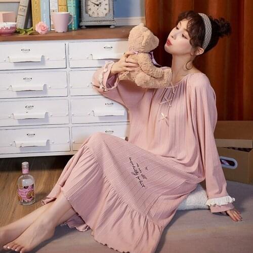 Autumn Women Cotton Homedress Nightdress Long sleeve Nightgowns One-piece Dress Sleepwear Large Size Loose Fashion Home Clothing