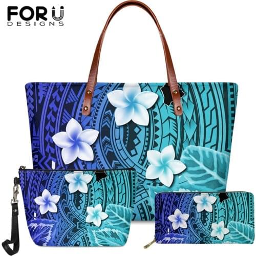 FORUDESIGNS Women 3pcs/set Handbags Fashion Gradient Polynesian Tribal Frangipani Pattern Women Brand Tote Bags Long PU Wallet