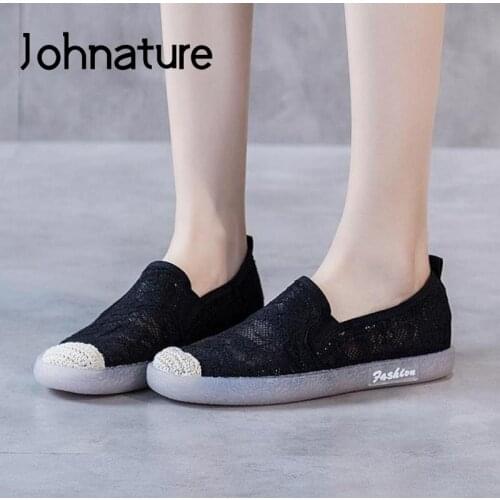 Johnature 2021 New Autumn Flats Women Shoes Mesh Retro Round Toe Casual Shallow Handmade Comfortable Leisure Soft Ladies Shoes