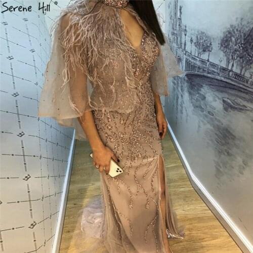 Gold Sleeveless Feathers Shawl Yarn Evening Dresses 2020 Dubai Mermaid Beading Sexy Formal Dress Serene Hill LA70353
