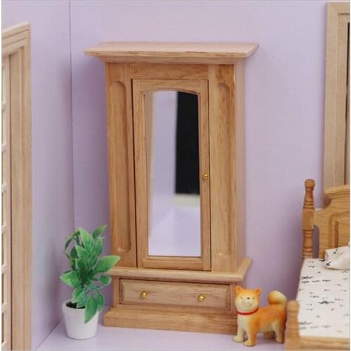 1/12 wooden furniture for dolls light brown wardrobe with mirror dollhouse accessories mini toys for girls