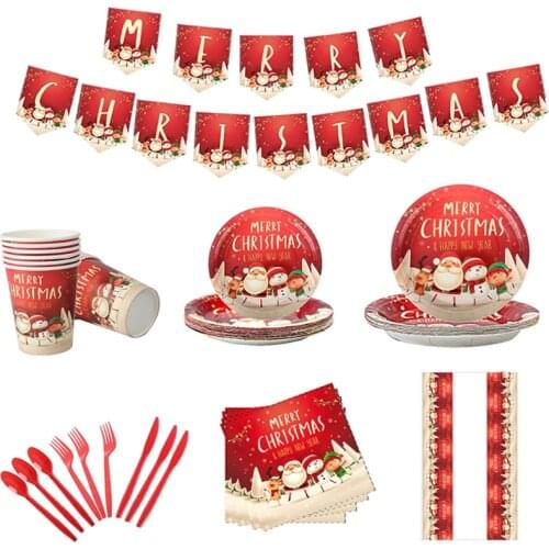 2021 Christmas New Year Theme Party Supplies Birthday Party Cartoon Paper Plate Flag Cups Dinner Table Decoration Tableware Set