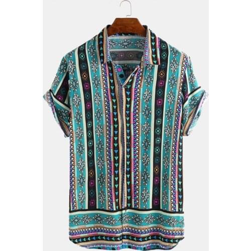 60% Dropshipping!!Beach Shirt Geometric Pattern Buttons Men Lapel Short Sleeve Shirt for Party