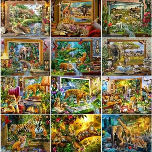 AZQSD Diamond Embroidery Tiger Elephant Giraffe Mosaic Diamond Painting Animal Cross Stitch Rhinestones Handicraft Home Decor