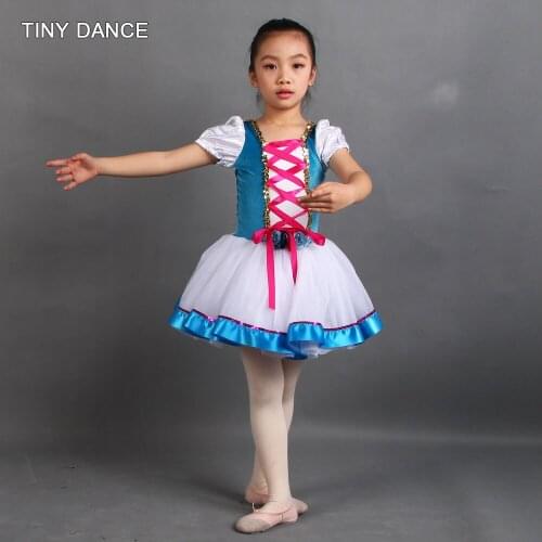 Girls Puff Sleeve Ballet Dance Tutu Dress Stage Wear Performance Tutus Kids Dance Costumes with Blue Ribbon Trim 20506