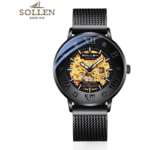 Original SOLLEN Watch Automatic Mechanical Watch Mens Watch All Steel Mesh with Waterproof Blue Mirror Watch