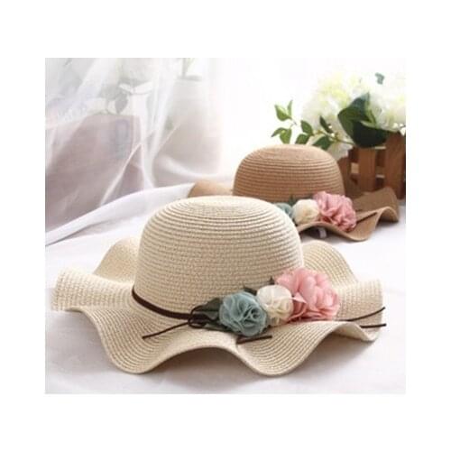 Doitbest Retail 5 colors Summer Children flower Simple Wavy large brimmed straw hat boys girls Sunscreen Beach Parent-child