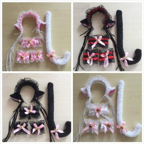 Hot Sale Fashion Women Cute Cat Maid Cosplay Costume Lace Plush Lace Ears Headbands Tail Halloween Headwear