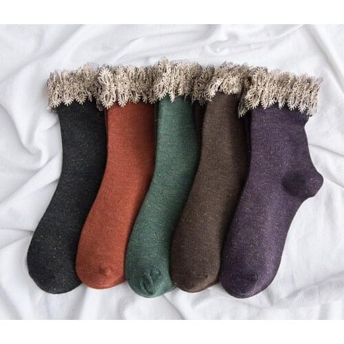 Cotton Women Heap Socks Lace Cute Spring Autumn Flowers Beautify Casual Crew Solid Ladies Korean Sockken