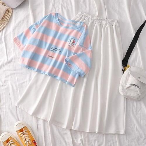 Single/suit A-line skirt summer student loose striped short-sleeved T-shirt female Harajuku casual fashion two-piece trend y2k