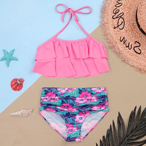Ruffle Girls Swimsuit Kids Floral Two Piece Childrens Swimwear Halter Top Girl Bikini High Waist Girls Bathing Suit Beachwear
