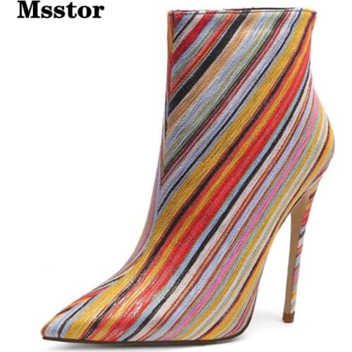 Msstor Gingham Womens Boots Ankle Zipper Pointed Toe High Heel Boots Sexy Fashion Party Mixed Colors Women Winter Shoes Big Size