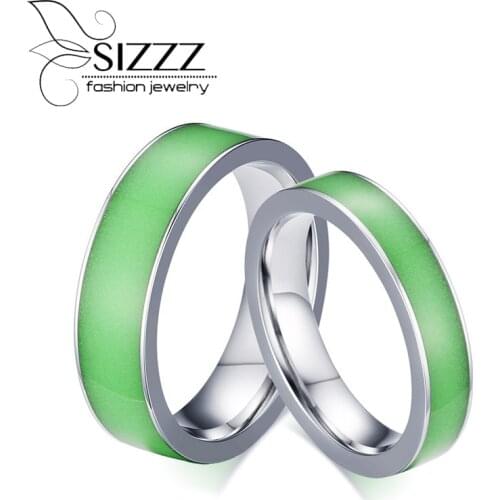 SIZZZ Green Silicone Luminous Mood Glow in the Dark Rings Womens Men Stainless Steel Wedding Ring