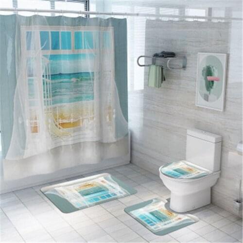 Bathroom Mat Set Non-slip Print Beach Bath Mat Coral Fleece Shower Curtain Floor Mat Washable Bathroom Toilet Rug