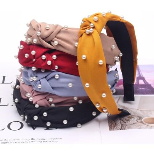 MINHIN New Women Bowknot Pearl Hairband Cross Knotted Head Band Girl Fashion Fabric Headband Solid Head Hoop Hair Accessories