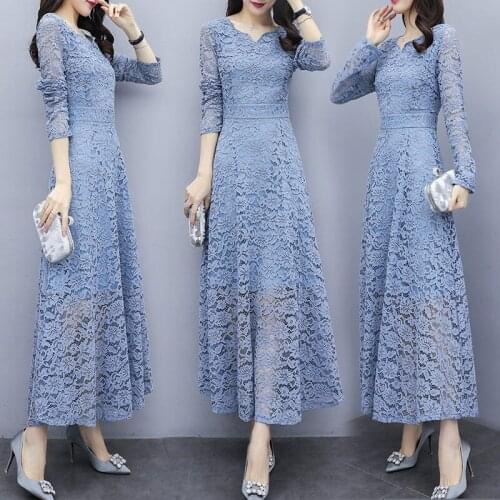 Autumn Dress 2020 Womens Fashion New Long-sleeved Slim Temperament Lace Dress Long Elegant Female Solid Color Vestidos k947