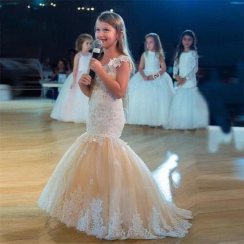 Champagne Mermaid Flower Girl Dresses with Ivory Appliques Pageant Dress Party