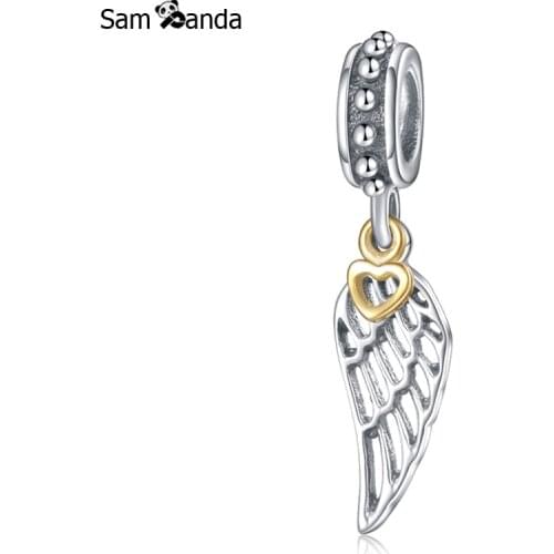 Authentic 100% 925 Sterling Silver Bead Charm Love Gold Dangle Angel Wing Pendant Fit Pandora Original Bracelets DIY Jewelry
