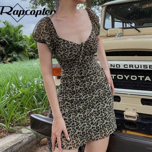 Rapcopter Y2K Leopard Mini Dress Vintage Short Dress Korean Puff Sleeve Dress Summer Harajuku Sundress 90s Women Streetwear New