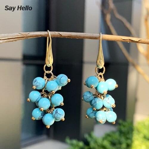 SAY HELLO High Quality Round Beads Dangle Earrings for Women Turquoises Charm Beaded Hook Earrings Jewelry K2493