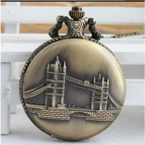 Vintage Bronze antiques suspension bridge Flip clock Good quality steampunk pocket watches